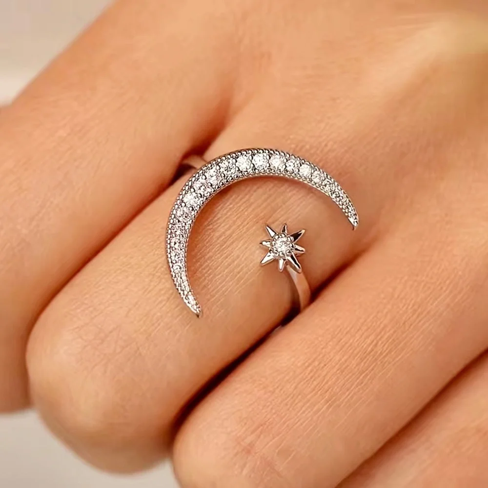 Silver Crescent Moon & Star Resizeable Ring - Picture 1 of 5